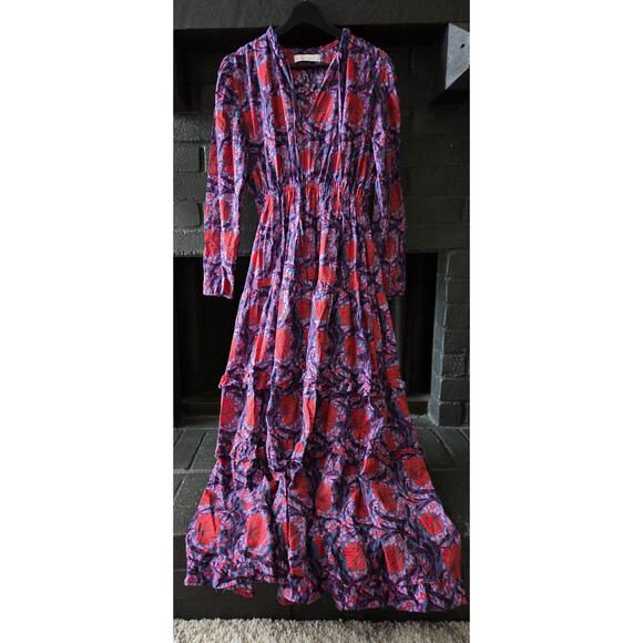 Bindu floral Tiered Smocked Waist Flowy Boho Cottage Fairy Maxi Dress V neck M - Picture 1 of 7